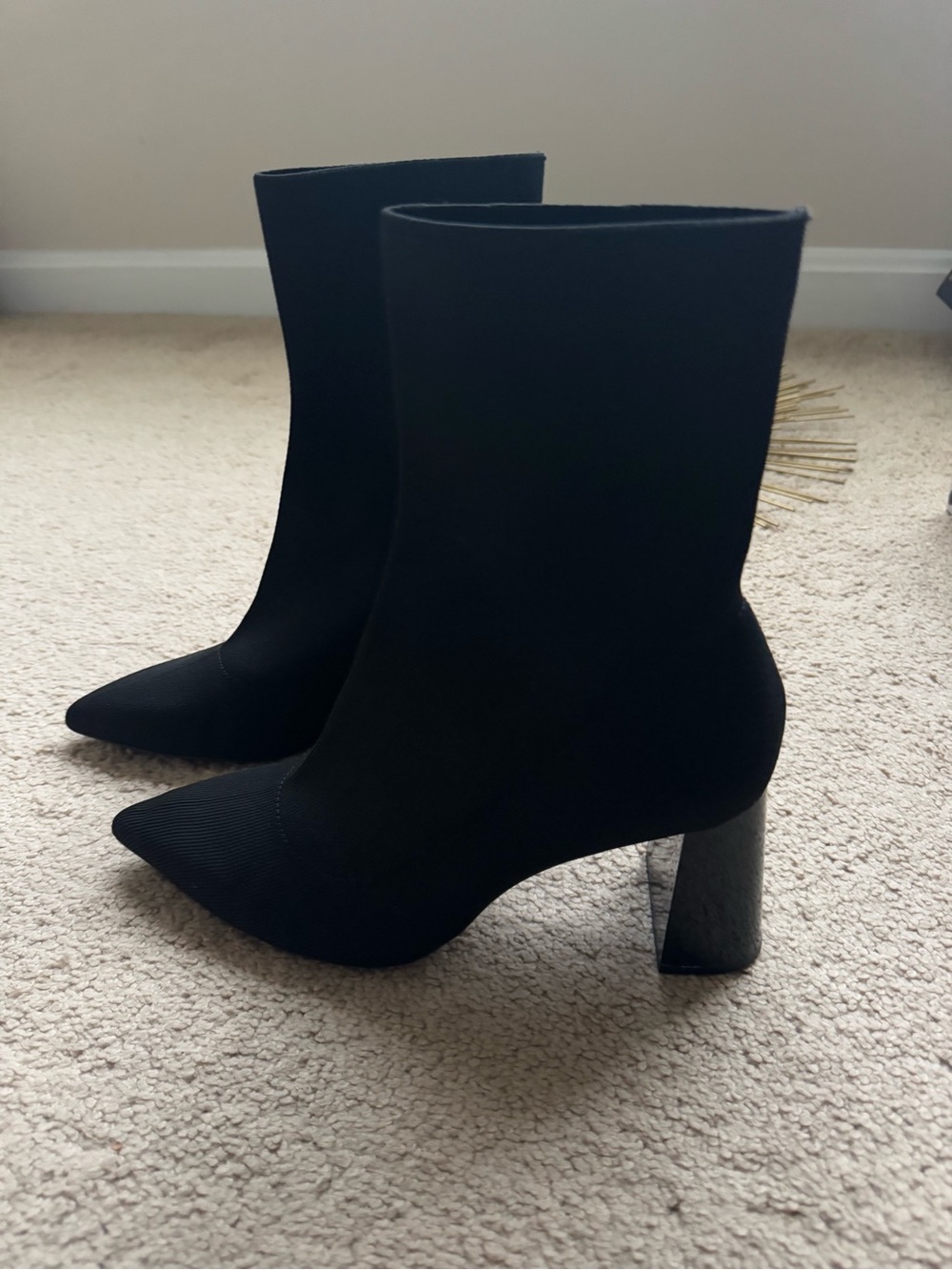 Zara Black Pointed Sock Ankle Boots with Block Heel